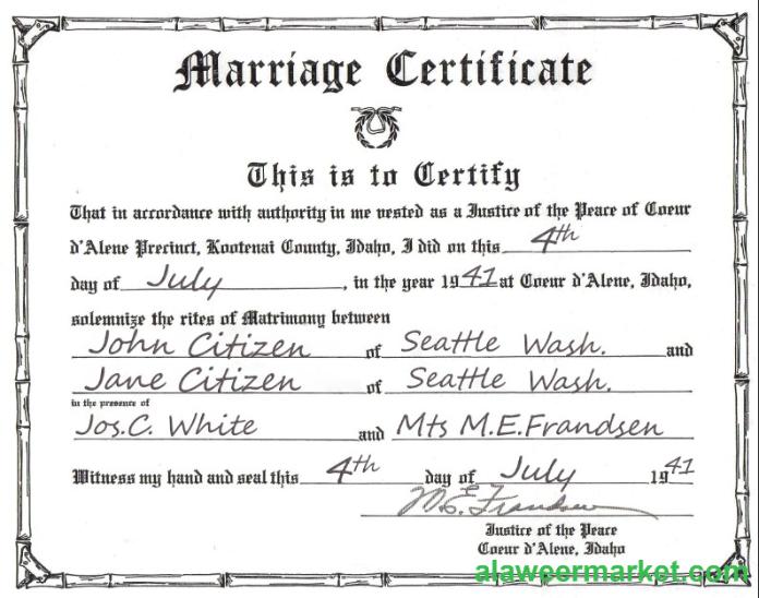 USA Idaho marriage certificate template in PSD format